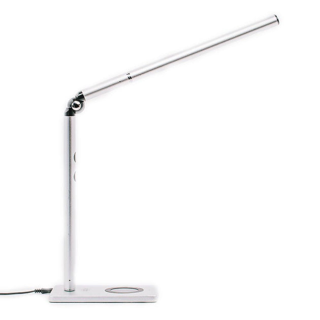 Silver Otsego Full Spectrum LED desk lamp with wireless Qi charging and USB charging